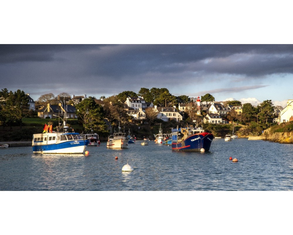 Barques au mouillage devant les maisons de Doëlan