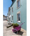 Île de Sein — façade verte et carriole rose dans une ruelle