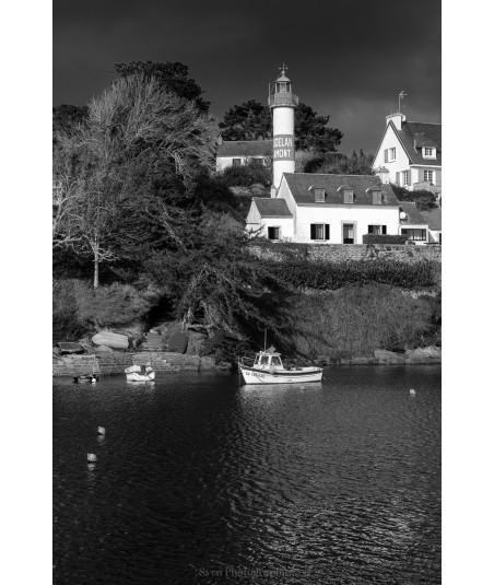 Phare de Doëlan au-dessus des arbres — port en noir et blanc