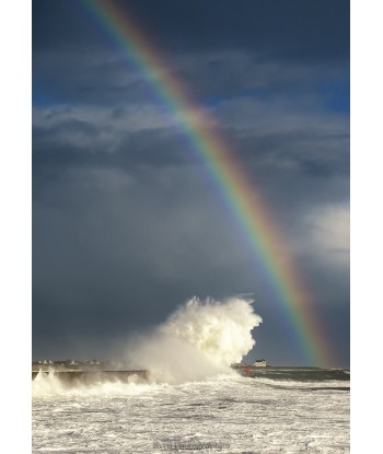 Tempête Herminia, arc-en-ciel et vague à Lesconil