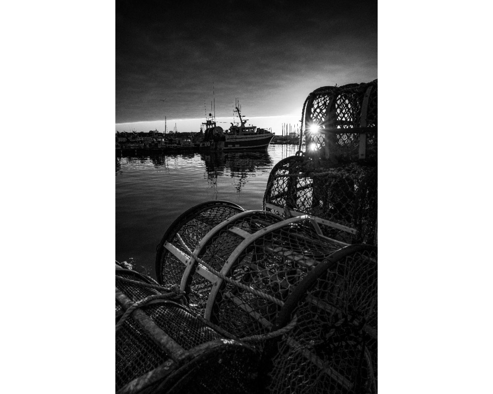Casiers sur le port de pêche de Concarneau — noir et blanc