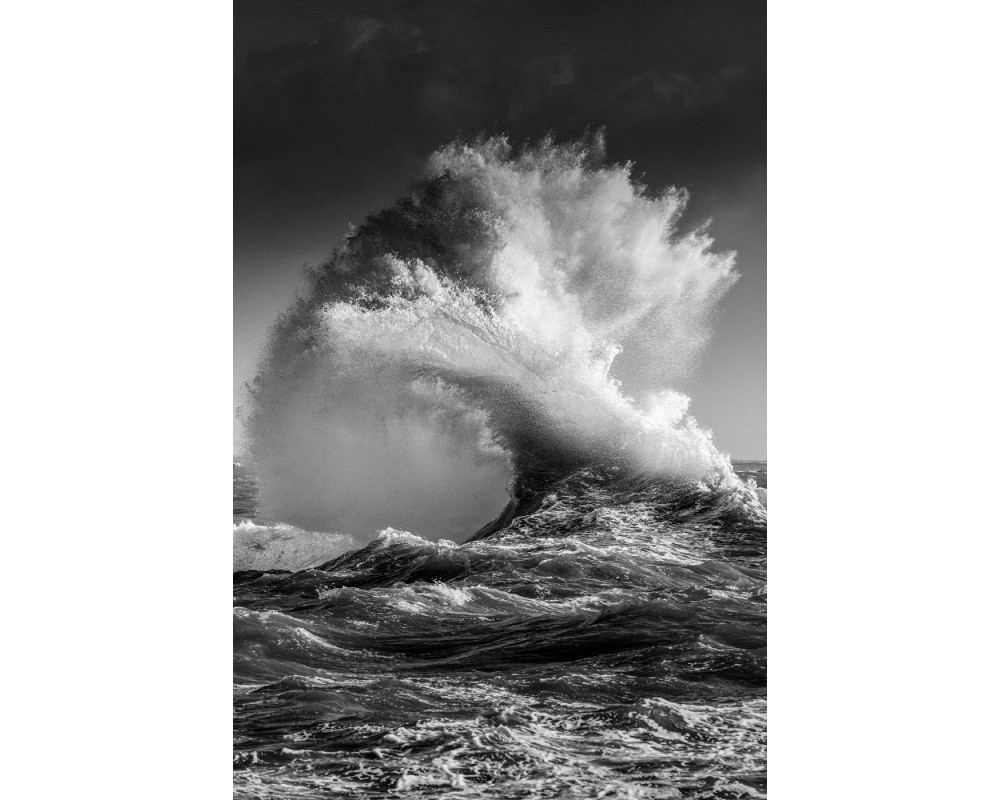 Vague qui se brise en noir et blanc — crête d'écume dans la lumière
