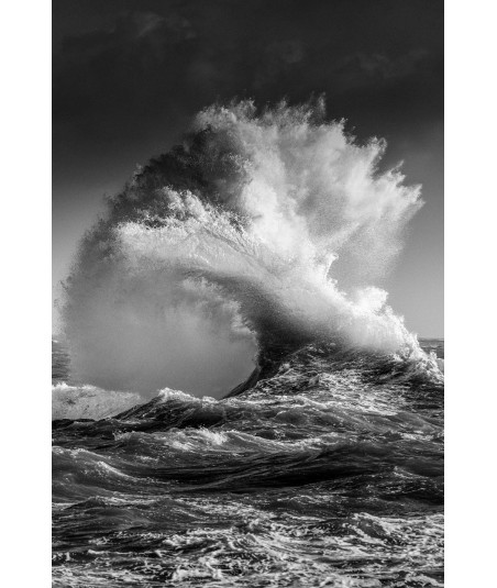 Vague qui se brise en noir et blanc — crête d'écume dans la lumière