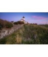 Phare de Pontusval à l'heure bleue — Fleurs mauves et ciel rose sur la lande de Brignogan