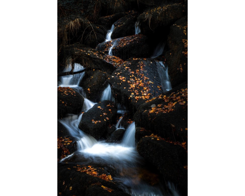 Cascade d'Augerolles, feuilles d'automne sur les rochers