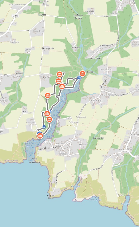 Carte du circuit La ria de Merrien et le bois de Placamen