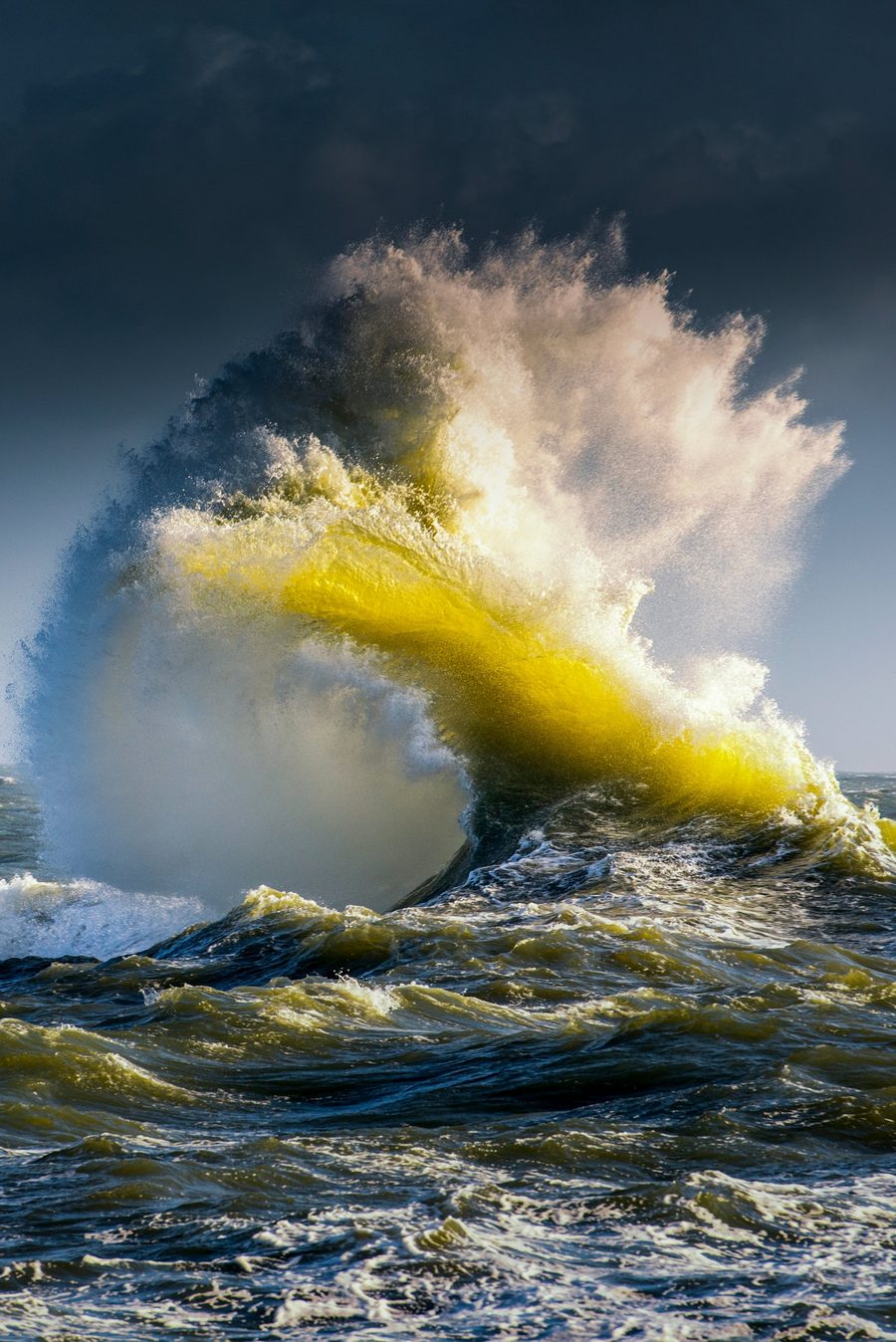 Vague de tempête éclairée par le soleil